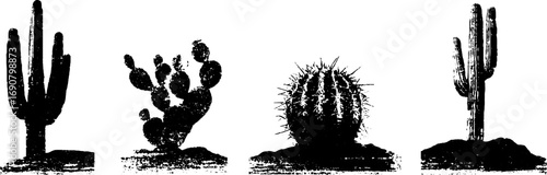 Grunge black and white cactus illustration set for urban art design and decoration