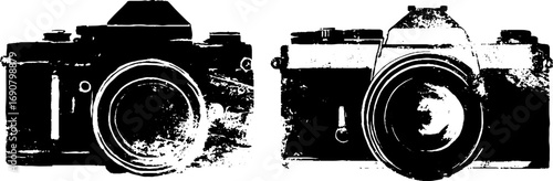 Grunge black and white camera silhouette set for vintage design and art projects