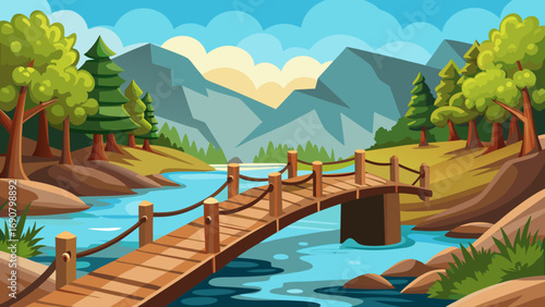 Vector art of a charming cartoon landscape featuring a wooden bridge over a tranquil river, with mountains, trees, and a serene sky in the background, creating a peaceful scene