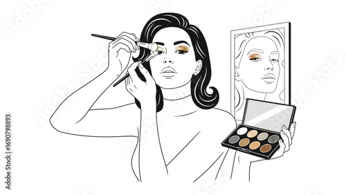 A stylish woman with dark hair applying vibrant eyeshadow in front of a mirror with a makeup palette open beside her