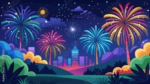 Vector art of spectacular fireworks light up the night sky above a vibrant cityscape, creating a dazzling display of color and excitement for all to enjoy
