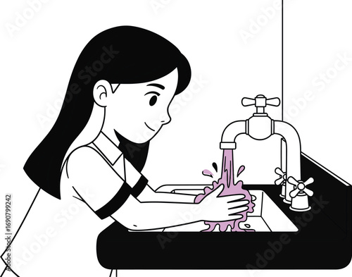 Cartoon vector of girl washing hands with soap under running water at sink, hygiene awareness character for health safety content design