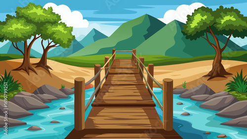 Vector art of a picturesque cartoon landscape with a wooden bridge spanning a river, majestic mountains, lush trees, and a clear sky creating a peaceful scene
