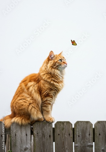 Ginger Cat Watches Monarch Butterfly on Wooden Fence