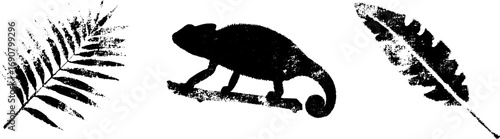 Grunge black and white chameleon and leaves illustration for urban design