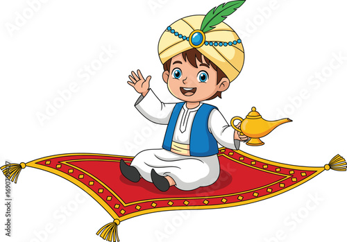 Cartoon vector of smiling Arabian boy on flying carpet holding golden lamp, fantasy folklore character for children’s magical adventure content