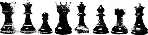 Grunge black and white chess pieces set for retro design and decor projects