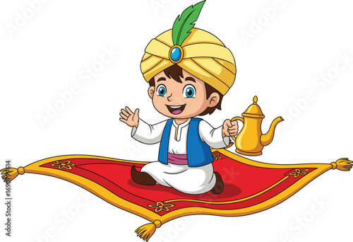 Cartoon vector of smiling Arabian boy on flying carpet holding golden teapot, folklore fantasy character for children’s magical adventure content