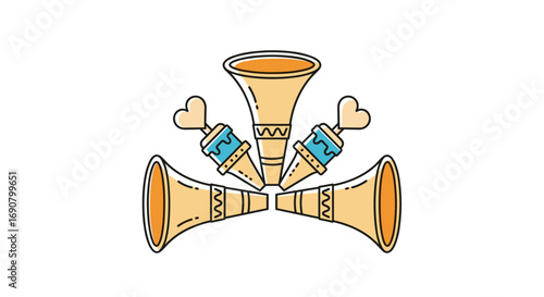 Abstract conceptual design representing a group of four golden trumpets arranged in a circular pattern suggesting celebration and musical performance