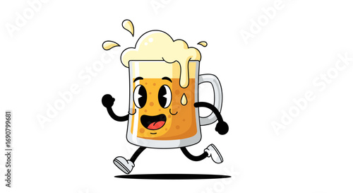 Joyful cartoon beer mug character with a frothy head and expressive eyes running with excitement