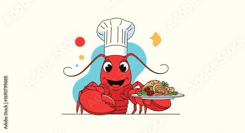 Cheerful lobster chef serves delicious seafood pasta dish with garnish