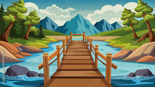Vector art of a serene cartoon landscape featuring a wooden bridge crossing a river with mountains in the background, lush trees, and a clear blue sky