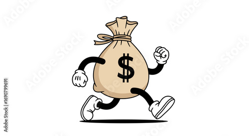 Animated money bag with cartoon arms legs and dollar sign running happily