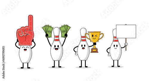 Bowling pins celebrate success with money trophy and foam finger fan supporting their win