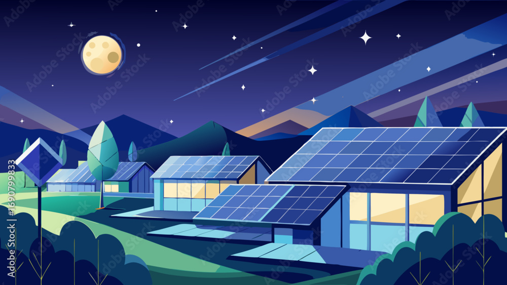Fototapeta premium Vector art of solar panel village at night with moon and stars, showcasing sustainable energy and ecofriendly living in a peaceful and serene environment