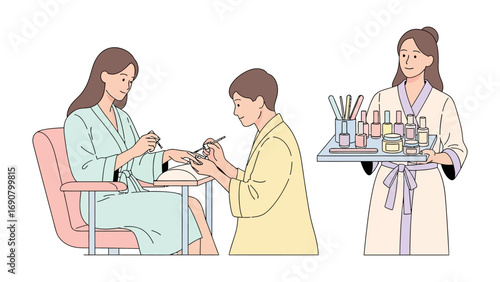 A woman receives a manicure from a beautician in a spa setting while another attendant holds a tray of beauty products