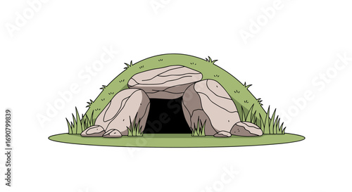 Ancient stone structure with hidden entrance surrounded by lush green grass and natural landscape