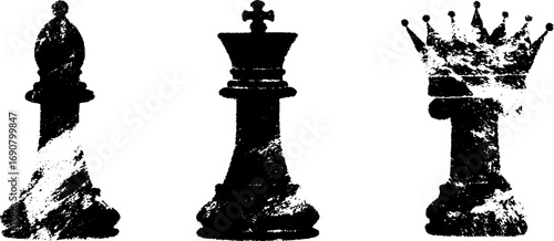 Grunge black and white chess piece set silhouettes for creative design