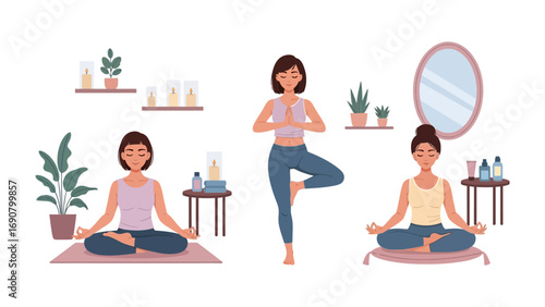 Three women practicing yoga in a bright modern room with plants and shelves promoting wellness and healthy lifestyle