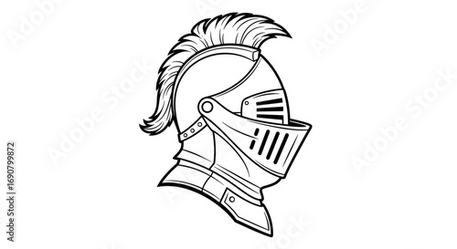 Illustration of a medieval knight's helmet with a plume and a visor in profile