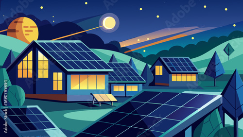 Vector art of community of houses with solar panels at night, highlighting renewable energy and sustainable living, with stars and moonlight, vector illustration