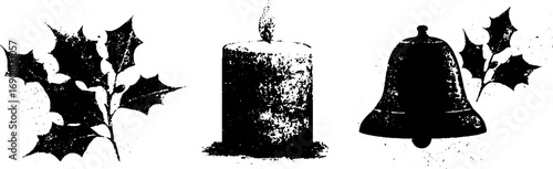 Grunge black and white christmas candle bell and holly set for festive designs
