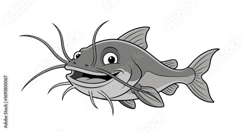A whimsical cartoon illustration of a friendly catfish with prominent whiskers and a wide grinning mouth swimming in clear water