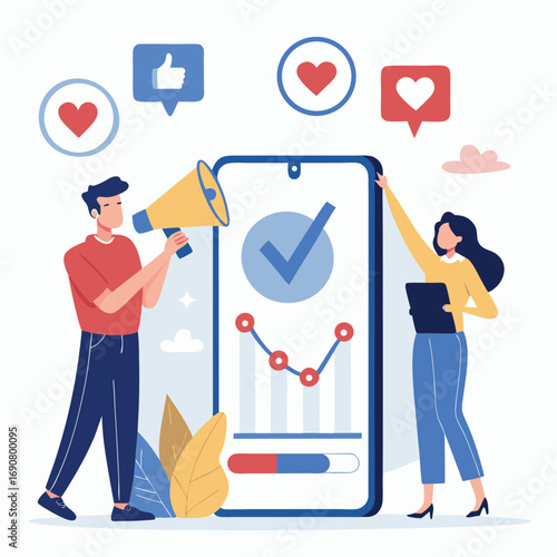 Vector art of man and woman are working on social media marketing strategy they are using a megaphone to promote their content
