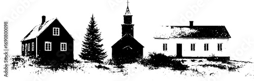 Grunge black and white rural scene with church and houses for vintage design