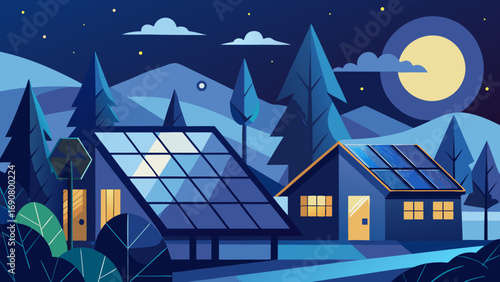 Vector art of night scene of houses with solar panels, showcasing sustainable energy and modern living, with a starry sky and moonlight, vector illustration