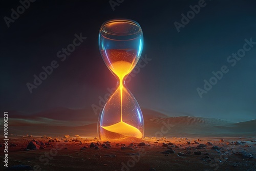 Glowing hourglass in desert surreal illustration