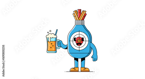 A quirky cartoon character shaped like a bottle holding a fresh beer mug with a target on its face