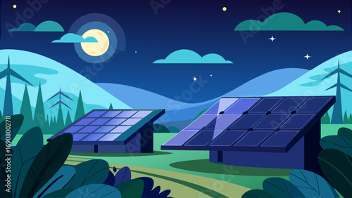Vector art of solar panels gleam under the moonlight, offering a sustainable energy solution amidst rolling hills and lush greenery, a beacon of ecofriendly innovation