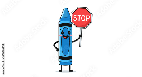 Adorable blue crayon character holding a stop sign with a cheerful expression and blushing cheeks illustration