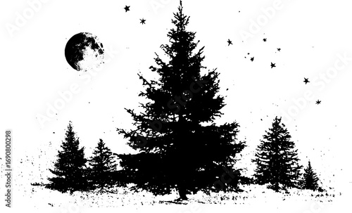 Grunge black and white forest scene with night sky and moon