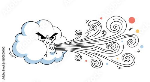 Angry cloud blowing wind illustrated cartoon image representing strong gusts and weather conditions