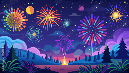 Vector art of colorful fireworks illuminate the night sky over a serene landscape with trees, hills, and a tranquil lake reflecting the vibrant bursts of light