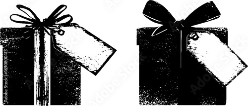 Grunge black and white gift boxes with tags for christmas design