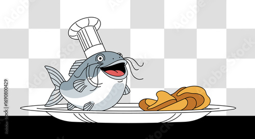 A joyful cartoon catfish chef presents a delicious plate of fried food with enthusiasm and a wide smile