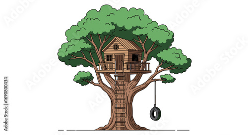Whimsical wooden treehouse with tire swing offers a childhood escape among lush greenery