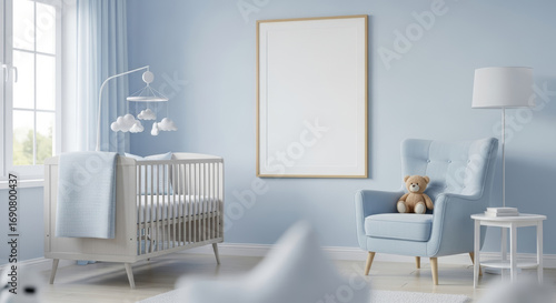 A light blue nursery room with a crib, chair, teddy bear, lamp, and a blank picture frame on the wall