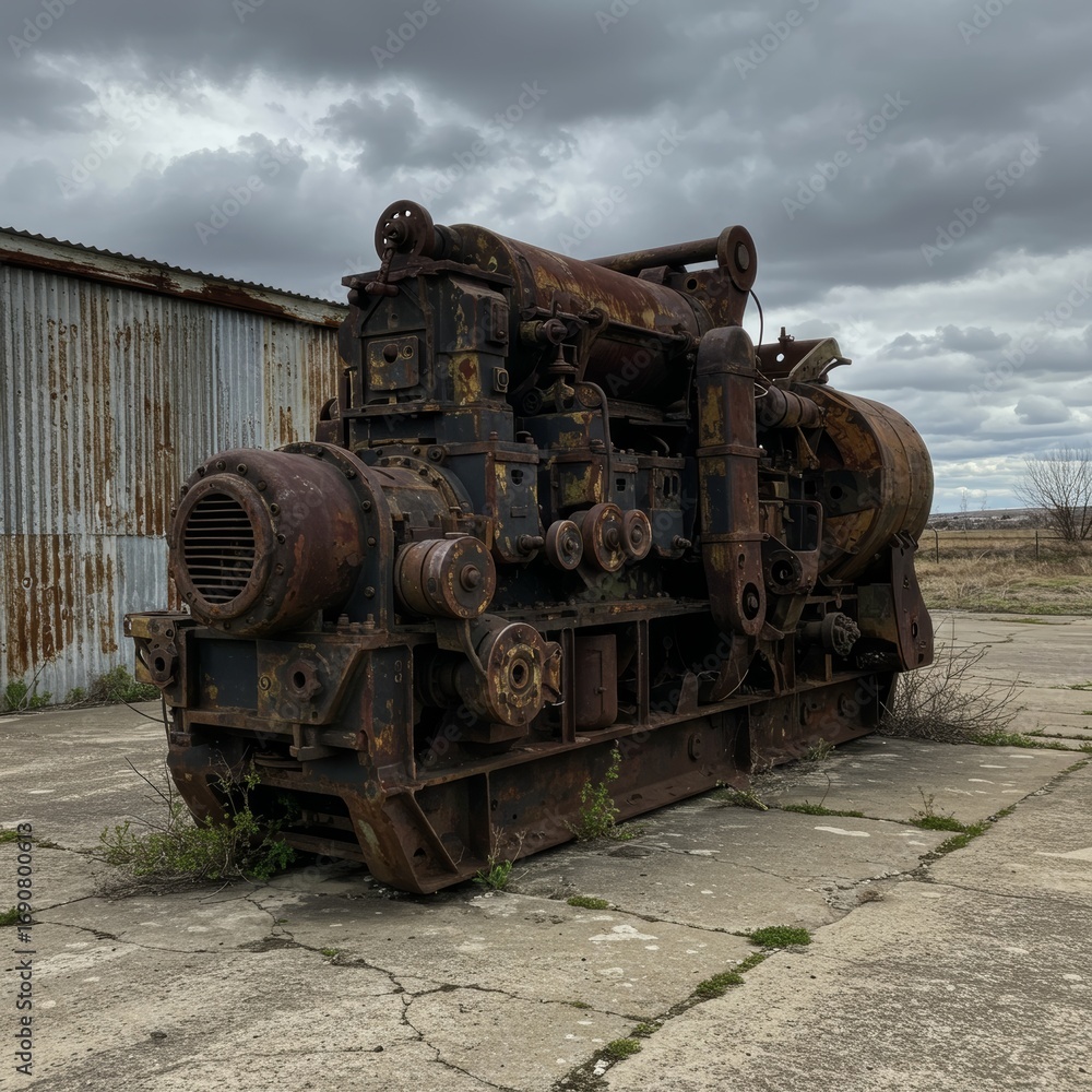 Naklejka premium Rusty Industrial Generator on Cracked Concrete