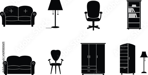 Modern furniture icons set, sofa, office chair, lamp, bookshelf, wardrobe, home decor, black silhouette, minimalist interior design vector