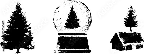Grunge black and white christmas tree scene set for holiday design