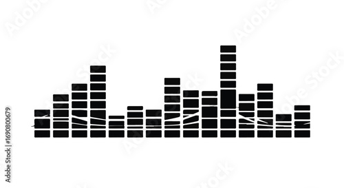 Black and white sound wave equalizer graphic visualizing audio levels