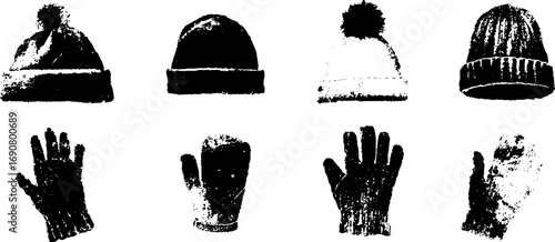 Grunge black and white winter apparel concepts featuring hats and gloves for urban design