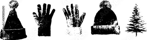 Grunge black and white winter accessories and christmas tree silhouette set for festive design