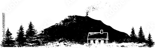 Black and white grunge landscape with mountain and house silhouette for design