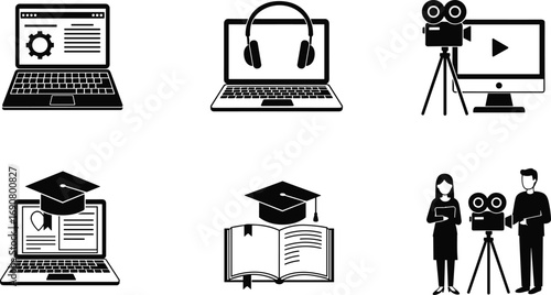 Online learning and digital education icons with laptops, graduation caps, books, video recording, headphones, and virtual teaching elements.