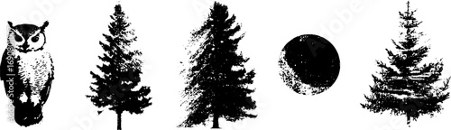 Grunge black and white nature illustrations: owl, pine trees, and moon for design projects
